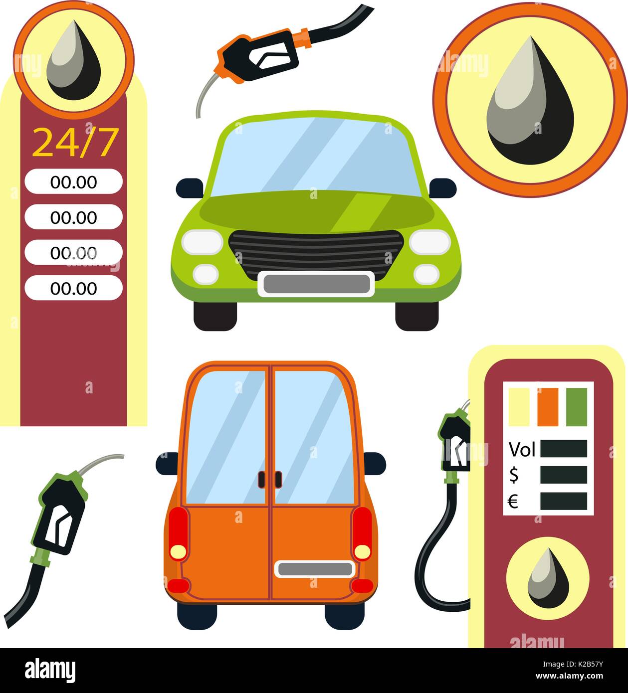 Autos und Tankstelle Elemente einstellen. Stock Vektor