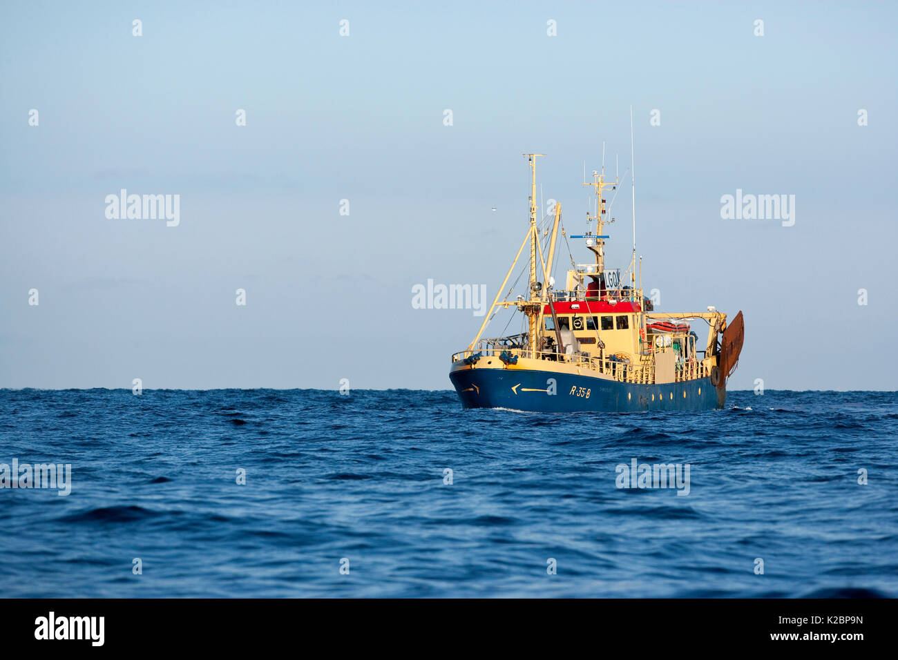 Fischerboot auf der Suche nach Hering, Norwegen, Atlantik. Februar 2010. Stockfoto