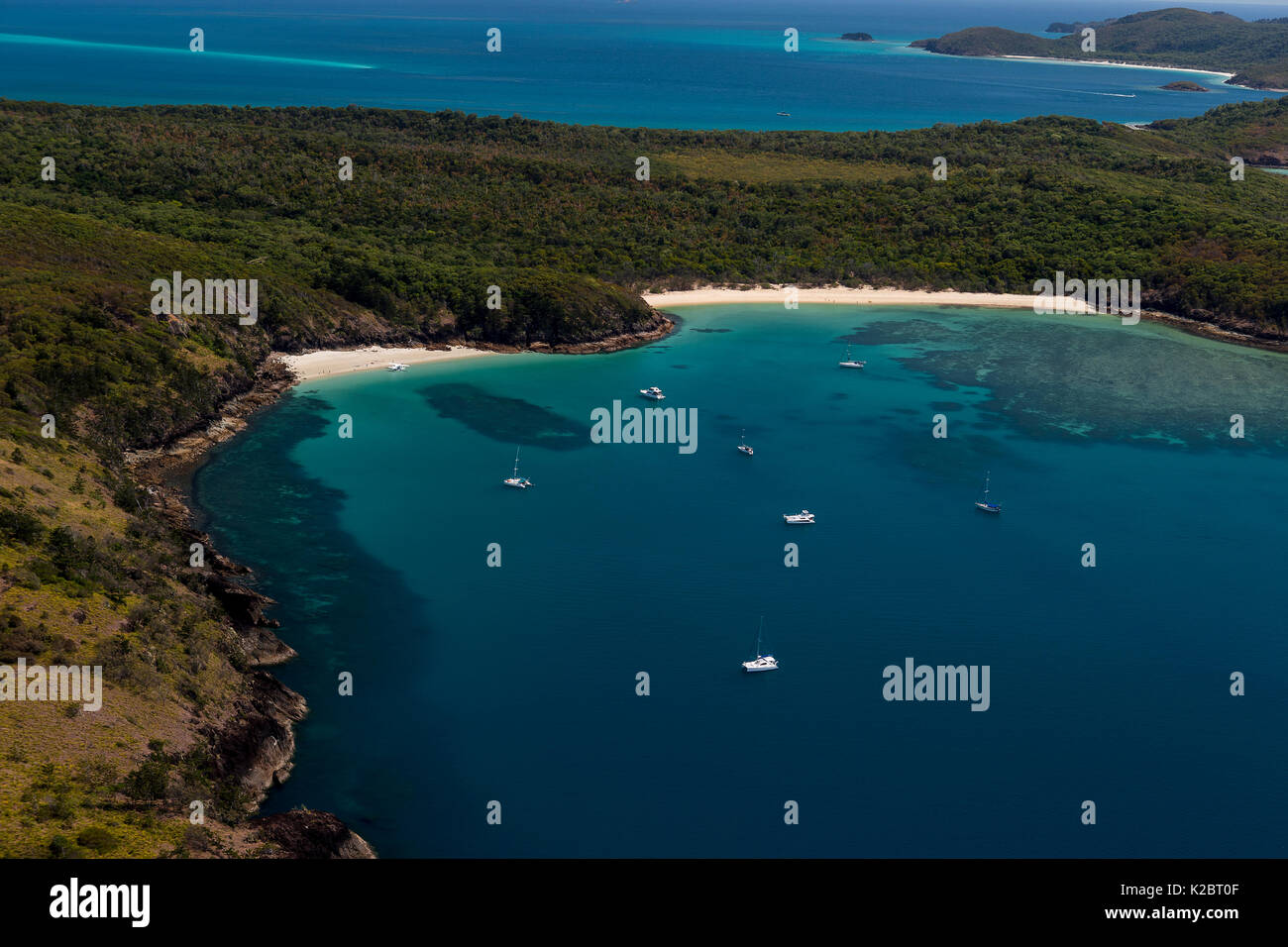 Luftaufnahme der Boote aus Whitsunday Island, Queensland, Australien. November 2012. Stockfoto