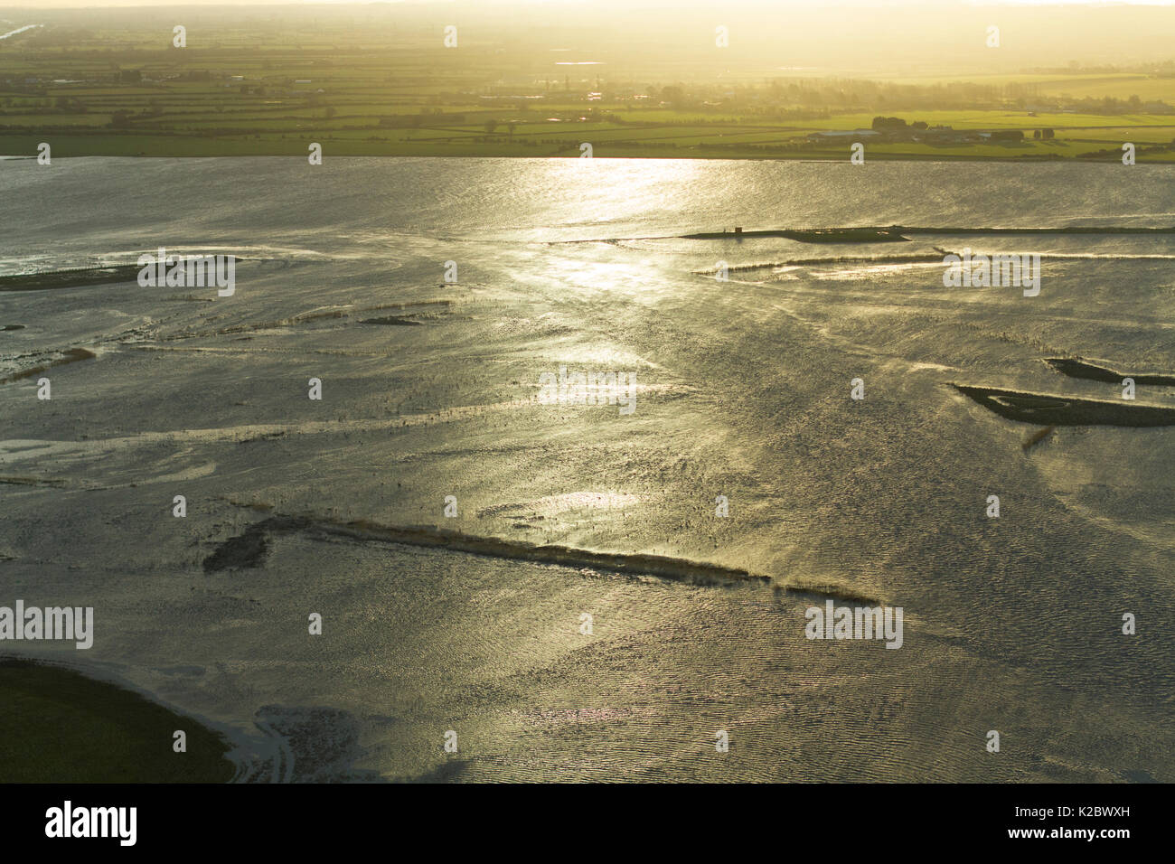 Luftaufnahme von Steart Sümpfe, landwirtschaftliche Flächen in Wetland Reserve umgewandelt, bei Sonnenaufgang, Somerset, Großbritannien, Februar 2015. Stockfoto