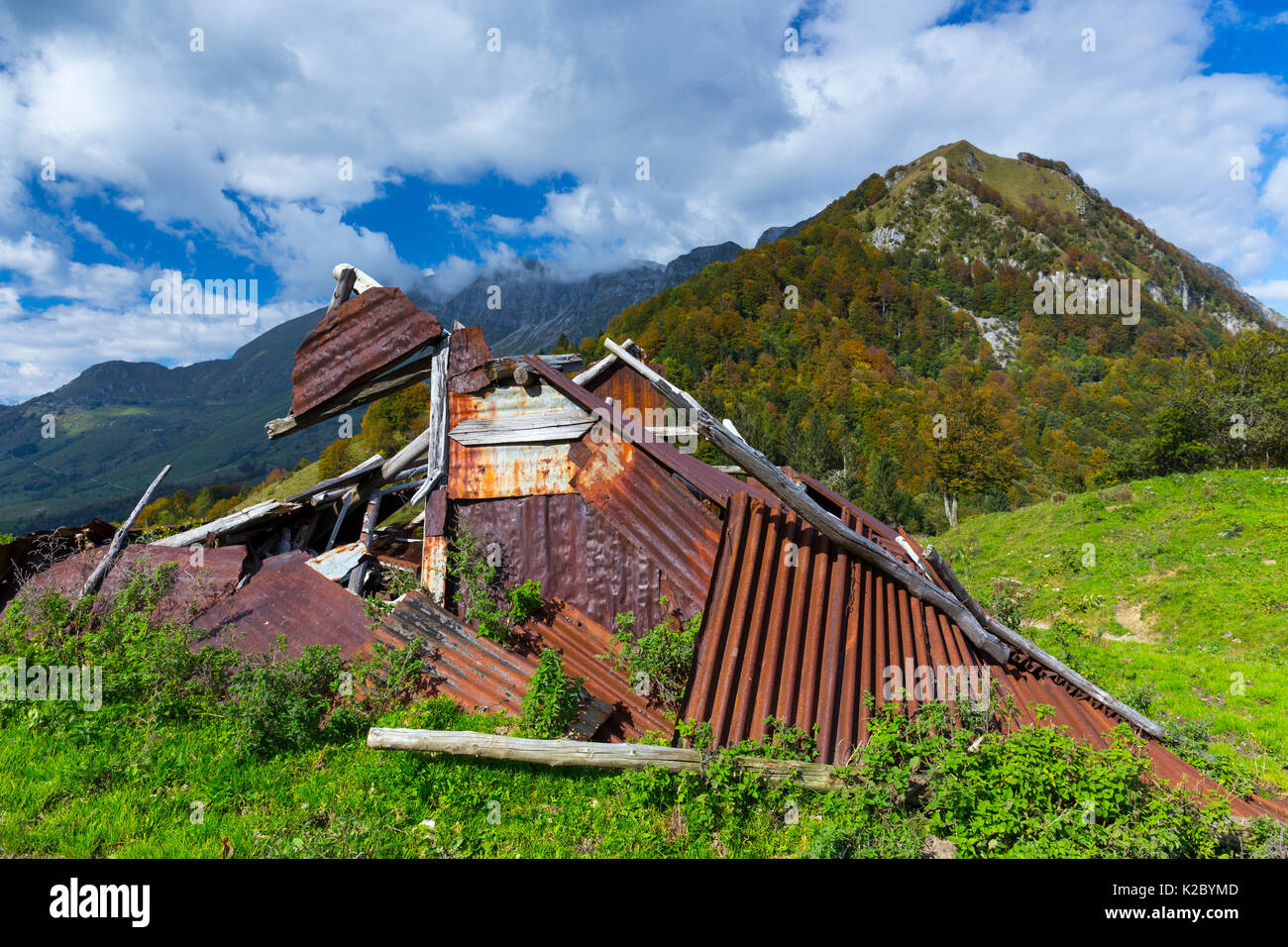 Zusammengebrochen Bauernhaus aus Wellblech, Nationalpark Triglav, Slowenien, Oktober 2014. Stockfoto