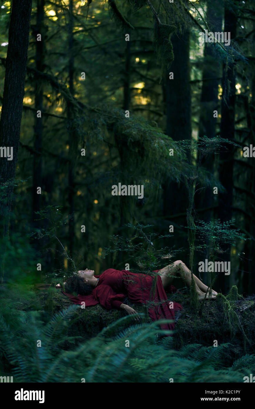 Junge Frau im roten Kleid liegen auf einem Baum in einem schönen, ruhigen tiefen grünen moosigen Wald magische Natur Landschaft Stockfoto