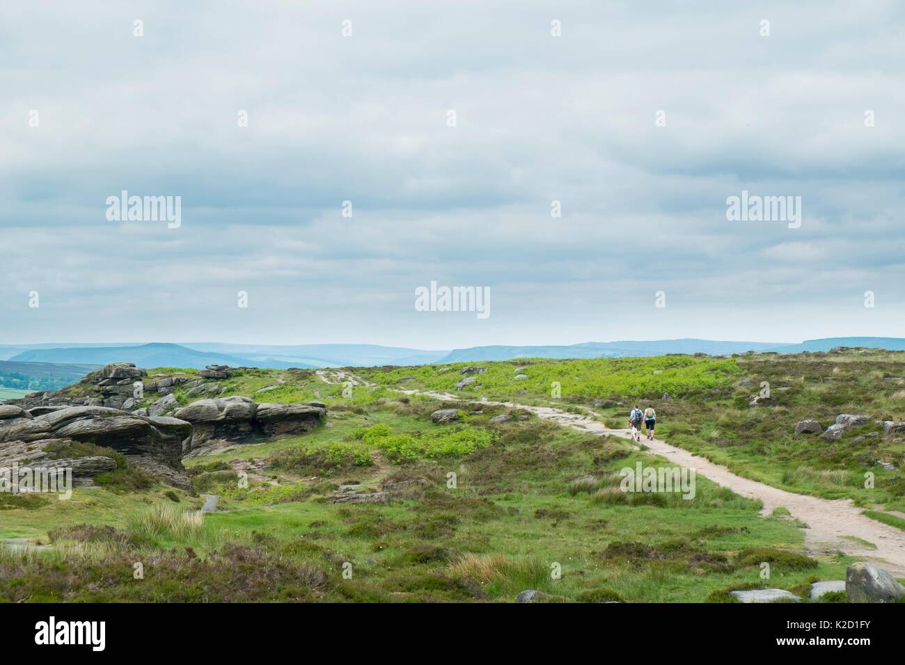 Wanderer auf dem Pfad an Curbar Kante, Derbyshire, England, Großbritannien, Juli. Stockfoto