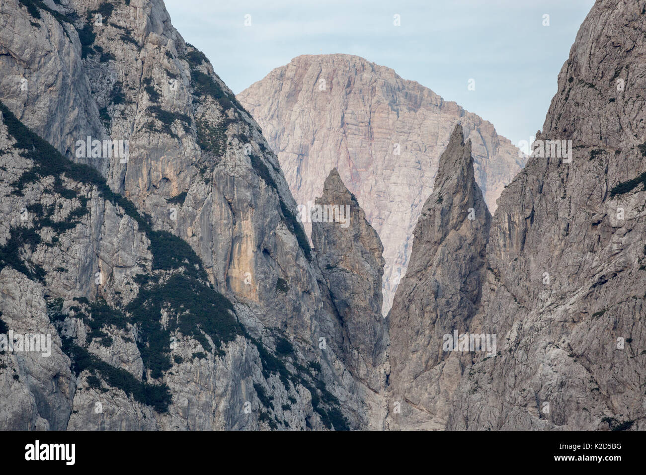 Schiere limestone Pinnacles aus der Vrsic Pass, Triglav Nationalpark, die Julischen Alpen, Slowenien, Juli 2015 gesehen. Stockfoto