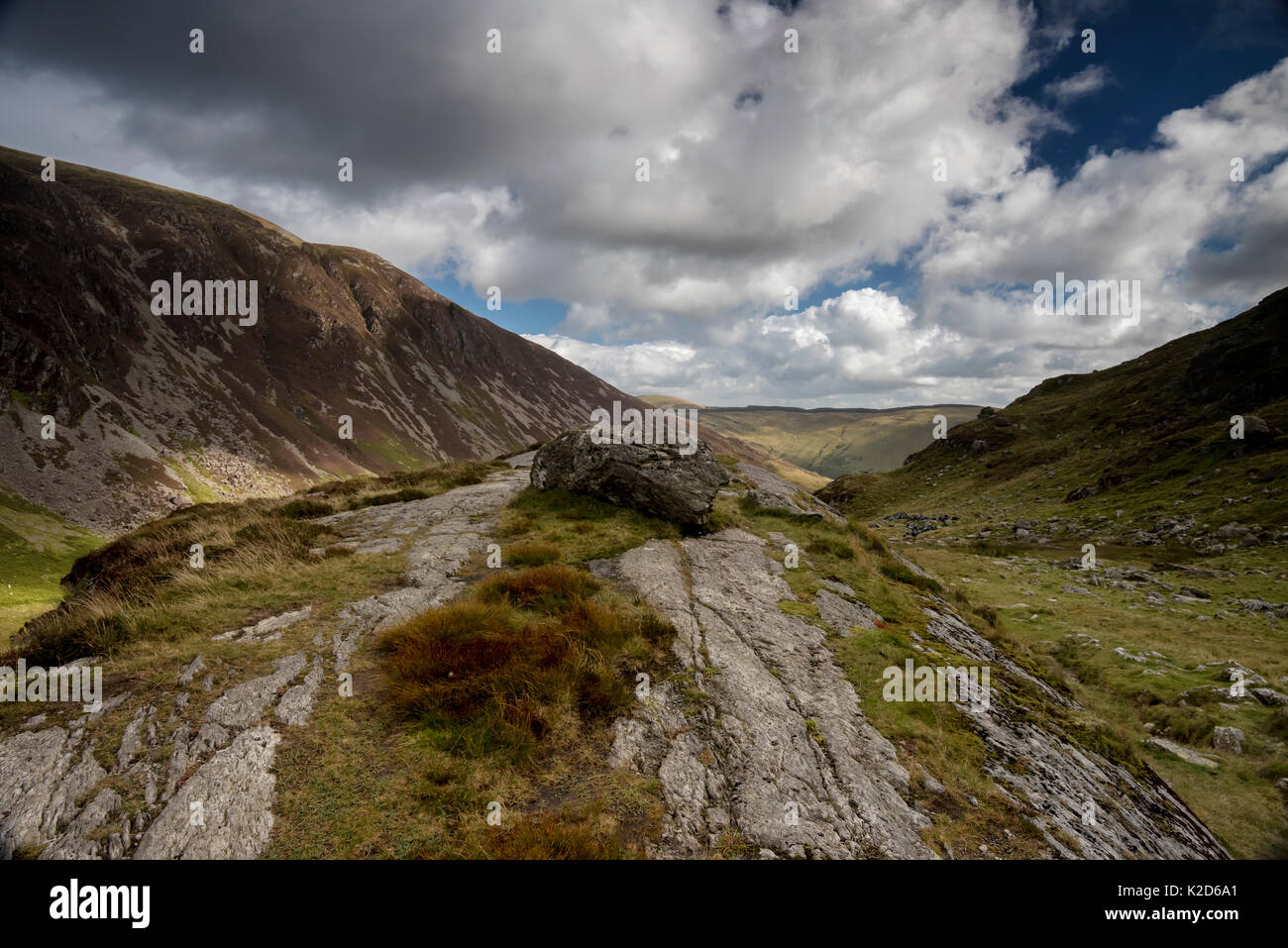 Ein glazialen erratischen sank um Eis während der letzten Eiszeit ist auf einem Roche Moutonnee (Schaf Rock), die von Eis geschnitzt wurde. Cadair Idris, Dolgellau, Wales, April 2014 Stockfoto
