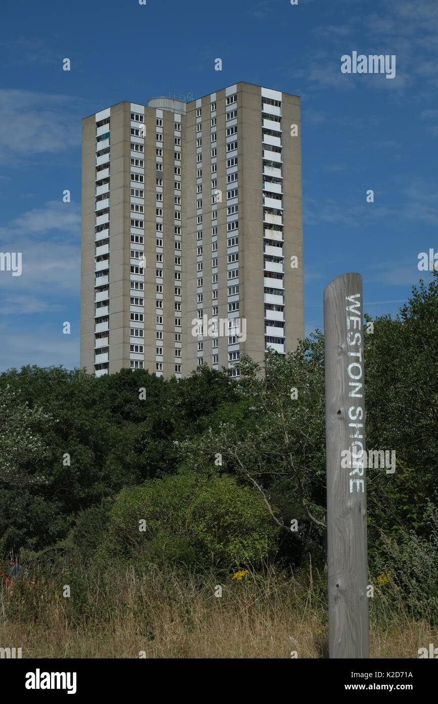 Residential Tower Block steigt aus dem Holz gegen ein bewölkter Himmel Stockfoto