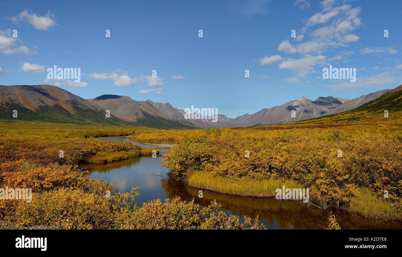 Tundra Landschaft mit Fluss, Sewards Halbinsel, Nome, Alaska, USA, September 2015. Stockfoto