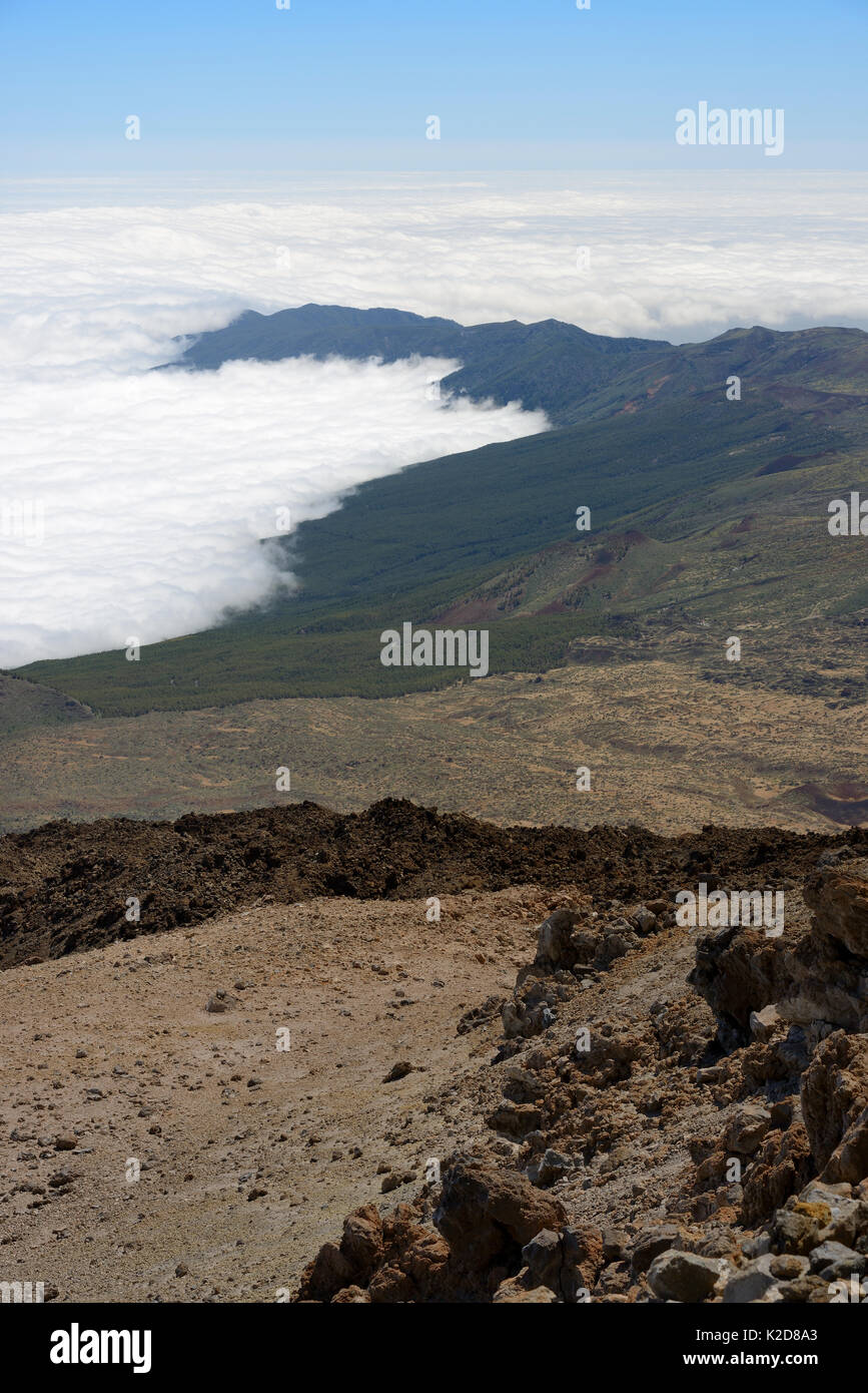 Wolken um die vulkanischen Hochland von Teneriffa, gesehen von der 3718 m Gipfel des Teide, mit alten Lavaströme und Bimsstein Einlagen im Vordergrund, Teneriffa, Mai 2014. Stockfoto