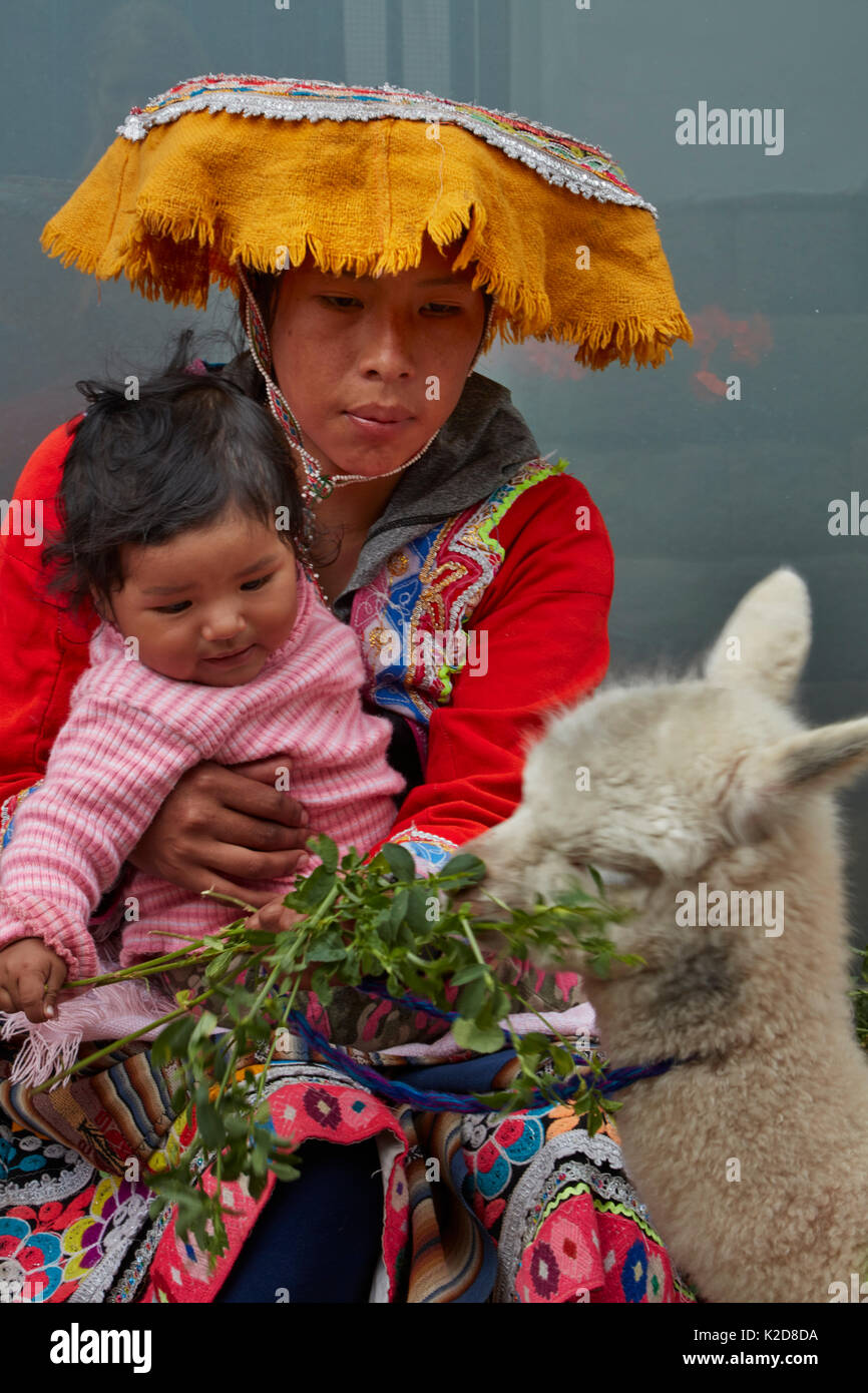 Indigene peruanische Frau in traditioneller Tracht, Baby, und Alpaka, Cusco, Peru, Südamerika Stockfoto