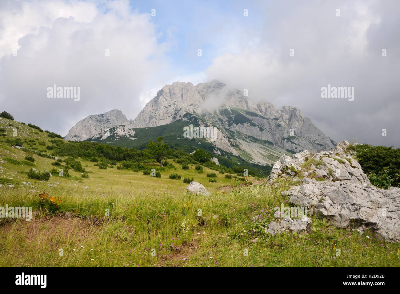 Adiabatische Wolken bilden, über den 2386 m Gipfel von Mount Maglic, Bosniens höchster Berg, als warme Luft steigt nach oben, kühlt und wird vom Wind verweht, Nationalpark Sutjeska, Bosnien und Herzegowina, Juli 2014. Stockfoto