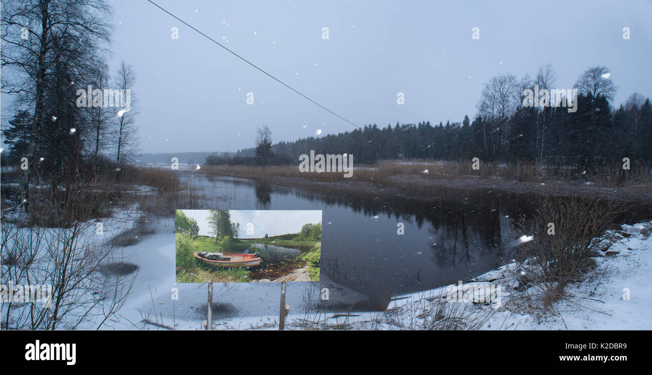Landschaft im Wandel der Jahreszeiten - Fotografie von Pal Hermansen' im Laufe der Zeit" der selben Szene im Sommer, Robi, Ostfold County, Norwegen. Januar 2015. Stockfoto