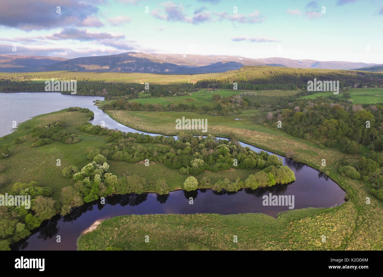 Luftaufnahme über Insh Sümpfe National Nature Reserve, Cairngorms National Park, Schottland, UK, Mai 2016. Stockfoto