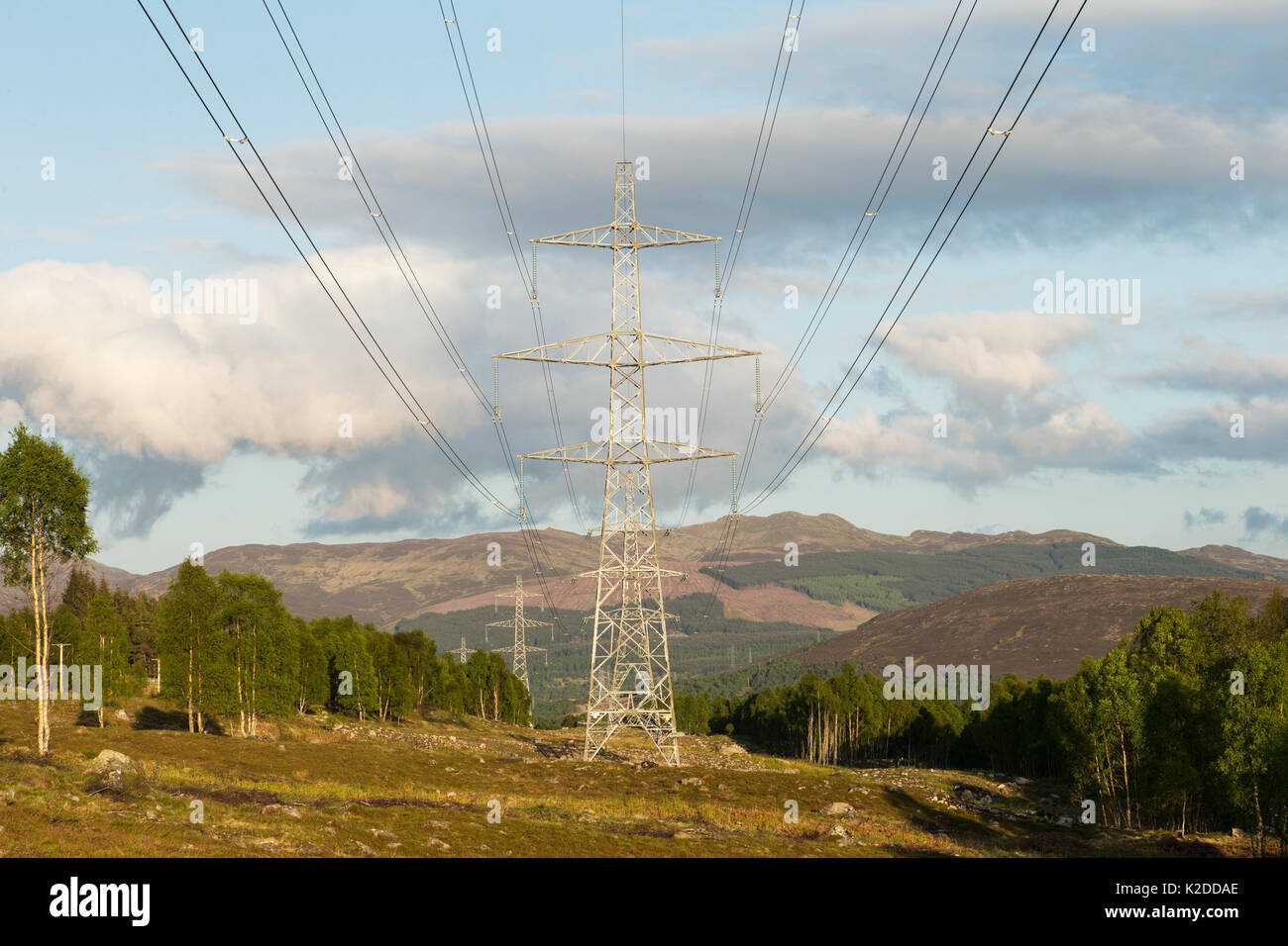 Overhead powerline und Pylon in Berggebieten Lebensraum in der Nähe der Schiehallion in Perthshire, Schottland, UK, Mai. Stockfoto