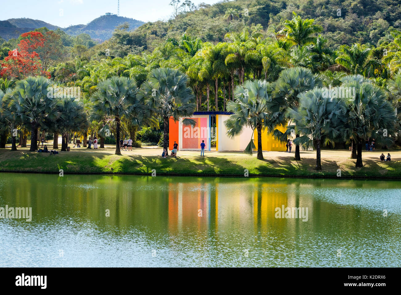 Penetrável Magic Square #5 Kunst Installation von Helio Oiticica, Reflexion in Wasser bei Inhotim Institut, Brumadinho, Minas Gerais, Brasilien. Stockfoto