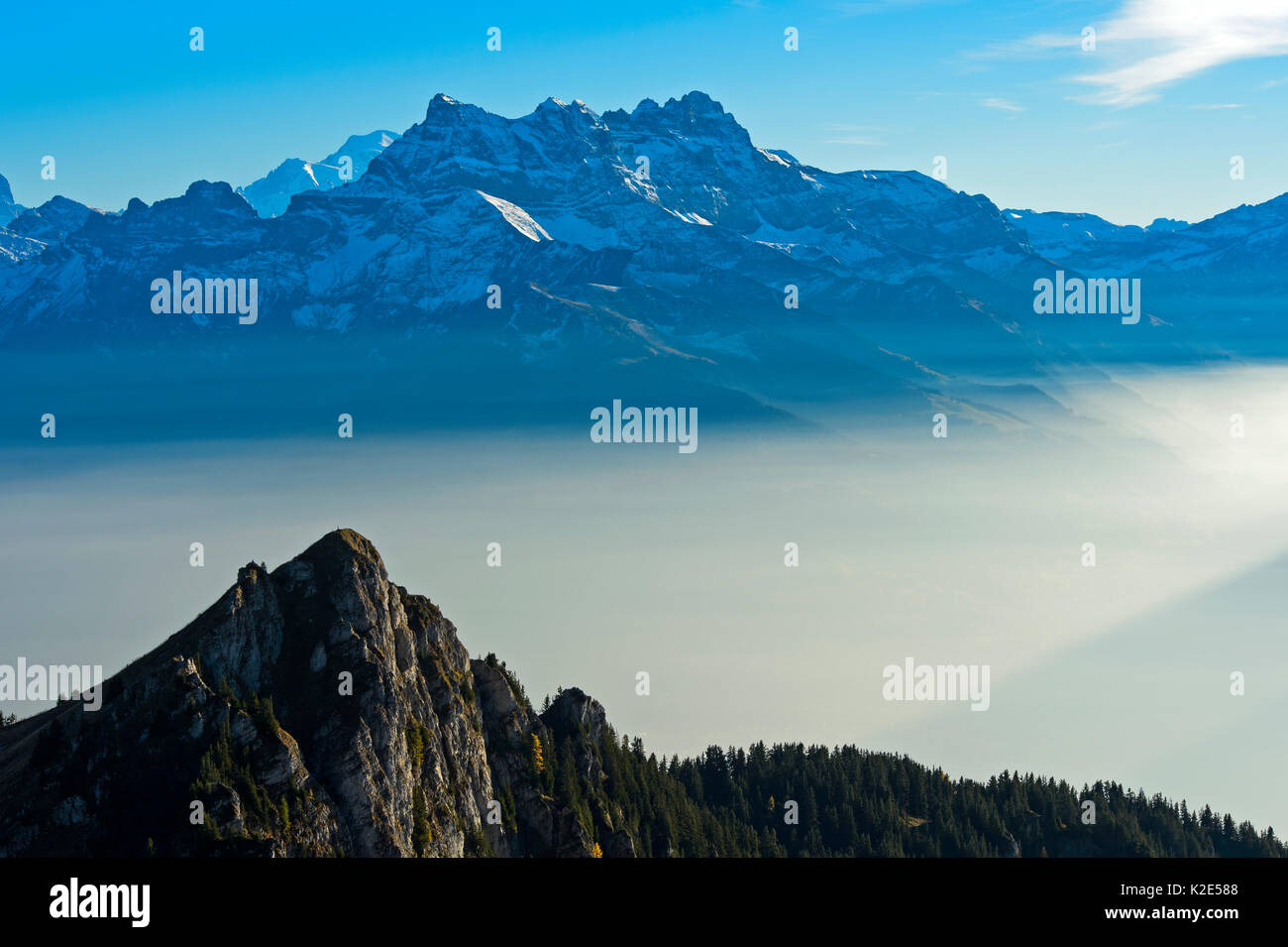 Herbst Nebel im Tal der Rhone, Gipfel des Dents-du-Midi, Leysin, Waadt, Schweiz Stockfoto