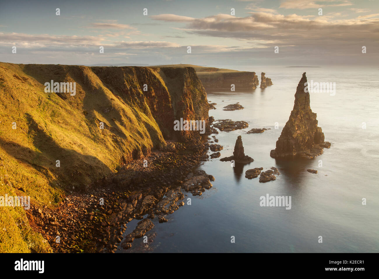 Sea Stacks im Morgenlicht, Duncansby Head, John O Groats, Caithness, Schottland, UK, April 2015. Stockfoto