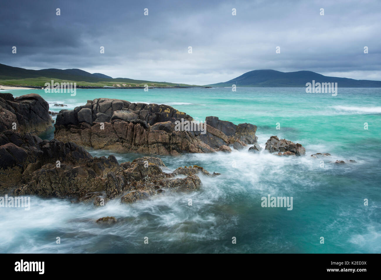 An der felsigen Küste auf der Isle of Barra, Äußere Hebriden, Schottland, Großbritannien, Juli. Stockfoto