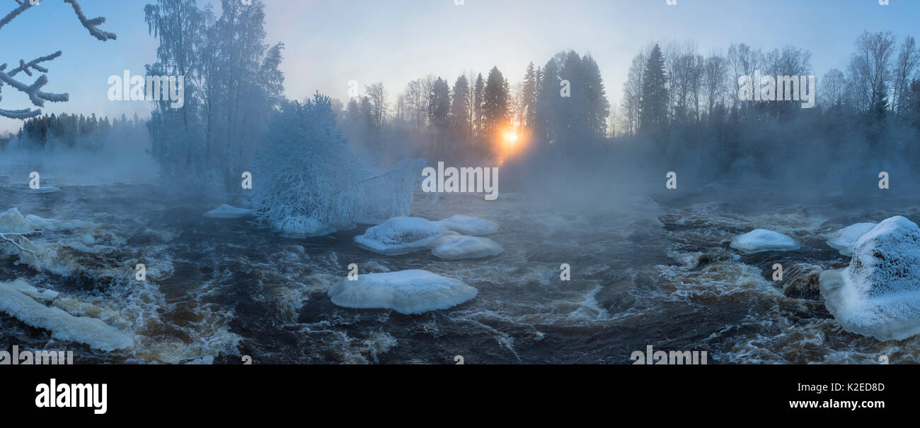 Sonnenaufgang über den gefrorenen Fluss und Wald Kuusaa, Finnland, Januar. Stockfoto