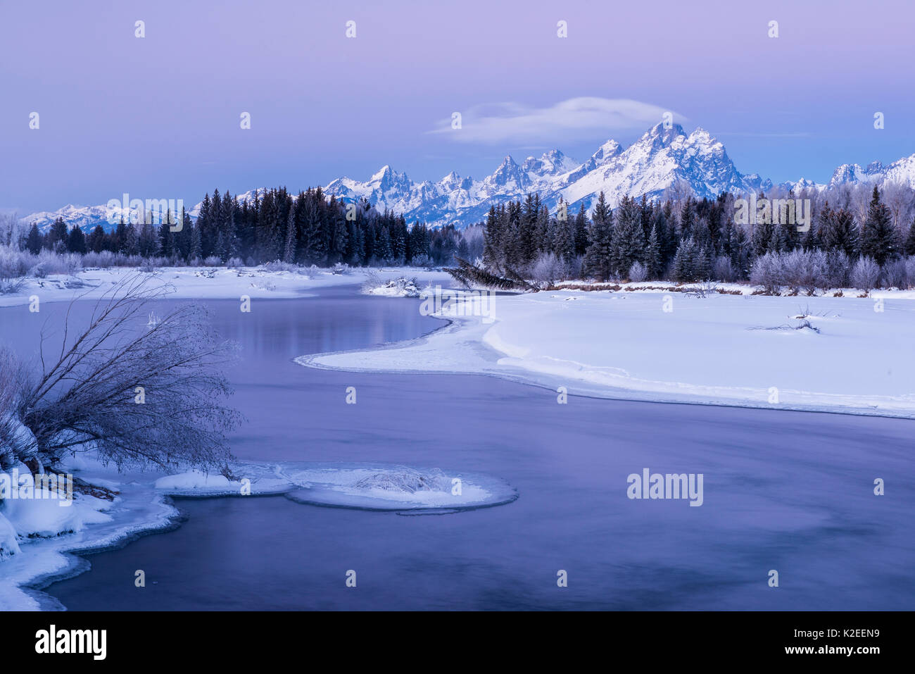 Oxbow Bend des Snake River, Grand Tetons am Horizont, Grand Teton National Park, Wyoming, USA. Stockfoto