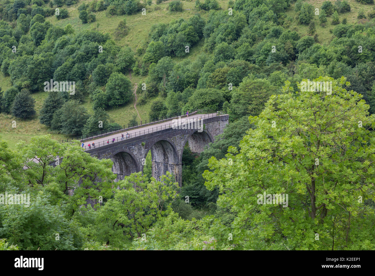 Wanderer und Radfahrer auf den Grabstein Viadukt, die Kreuze Monsal Dale und den Fluss Wye, und ist Teil der Monsal Trail cycle Route. Nationalpark Peak District, Derbyshire, UK Juli Stockfoto