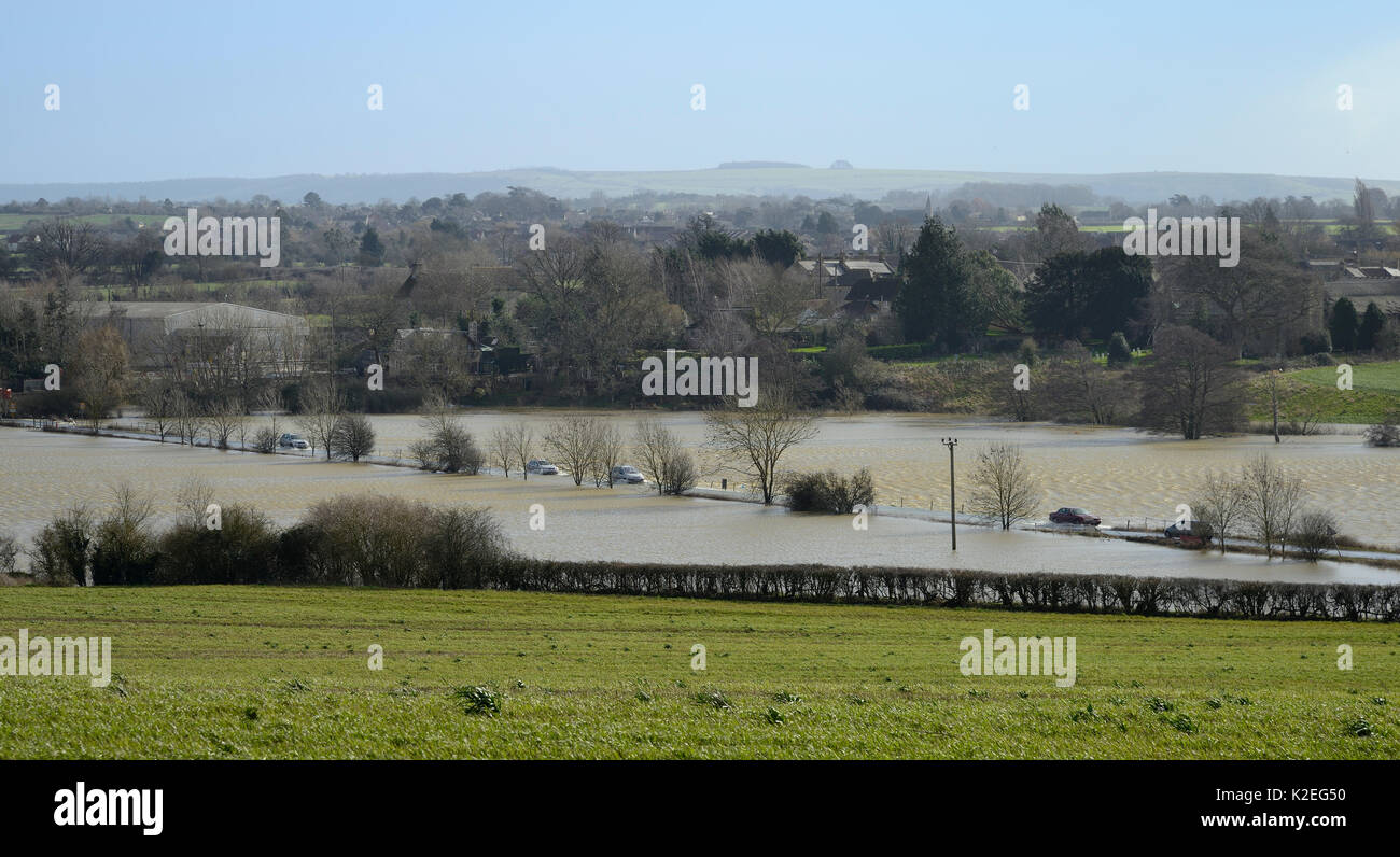 Autos fahren auf der Straße, die von dem Fluss Avon überläuft seinen Ufern Staverton, in der Nähe von Trowbridge, Wiltshire, UK, Februar 2014 überflutet. Stockfoto
