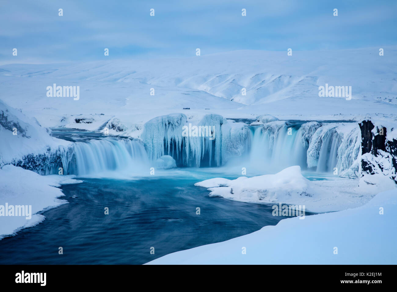 Godafoss im Winter, Bardardalur Stadtteil Norra Island, März 2016. Stockfoto