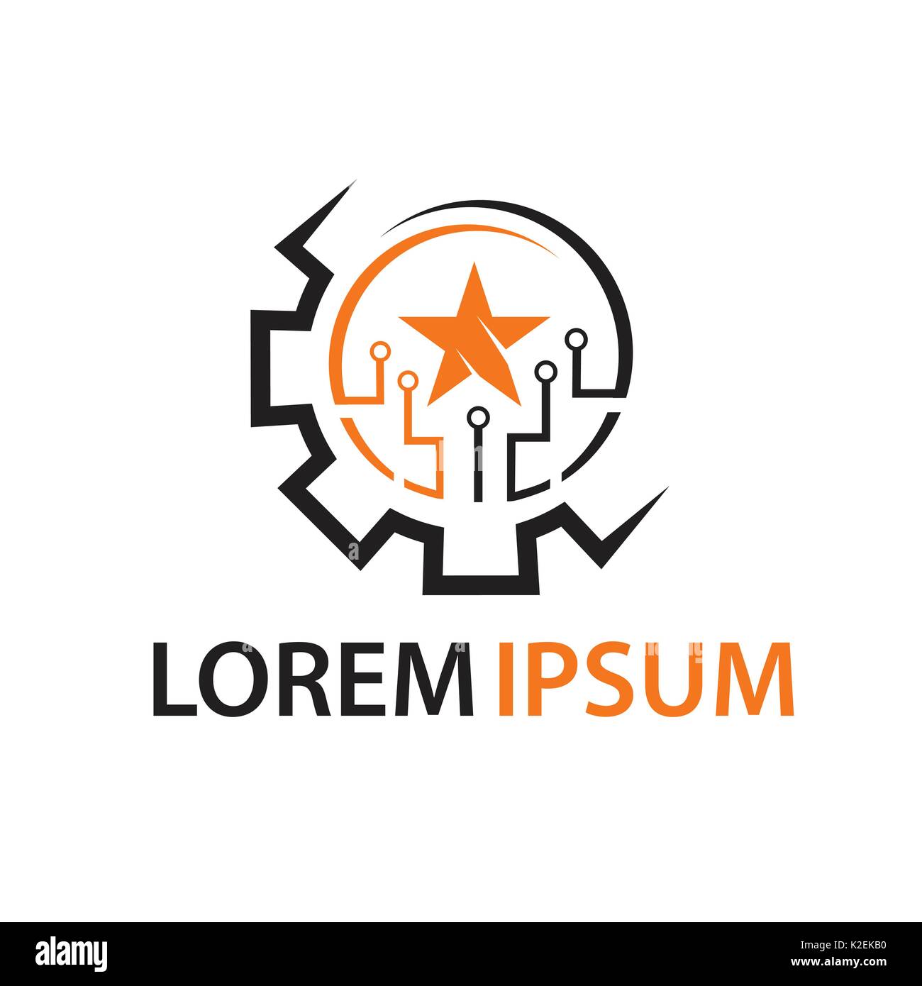 Umrisse des Zahnrads mit-Leitungen und Stern, Tech Gear logo, Icon Design, auf weißem Hintergrund. Stock Vektor