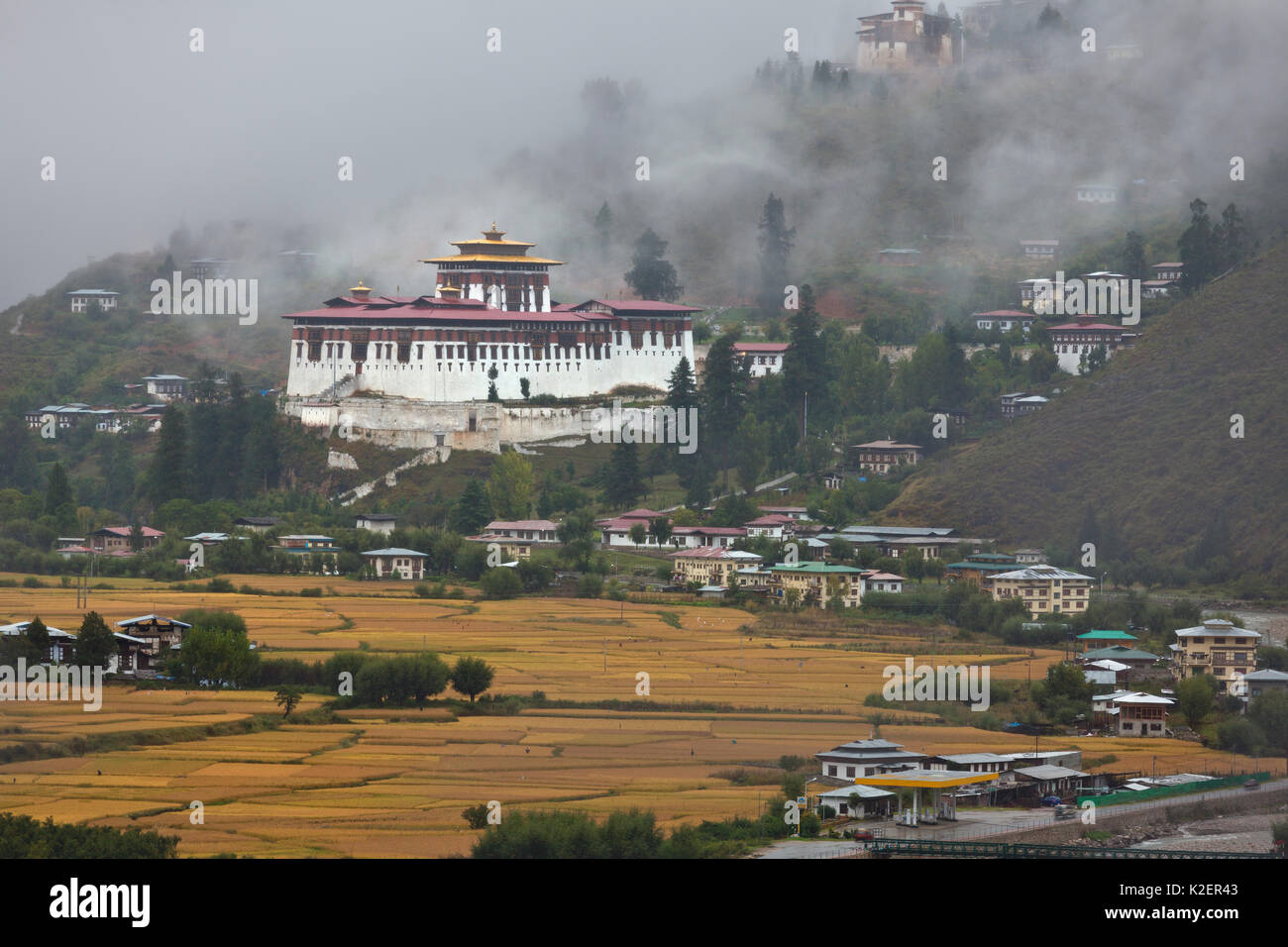 Die Paro Dzong buddhistische Kloster an einem nebligen Morgen, Bhutan, Oktober 2014. Stockfoto