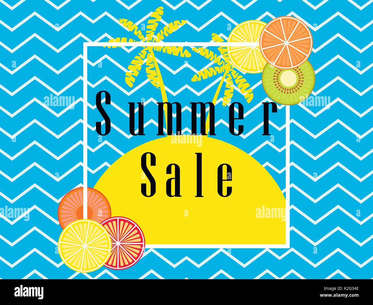 Summer Sale. Banner Layout mit Früchten und Palmen in einem Rahmen. Vector Illustration Stock Vektor