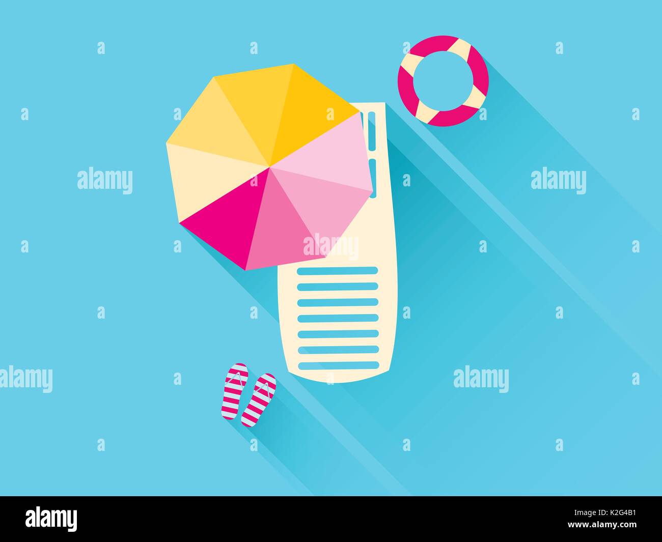 Strand Flachbild-Symbole mit langen Schatten. Liegestuhl mit Sonnenschirm. Rettungsring. Vector Illustration Stock Vektor