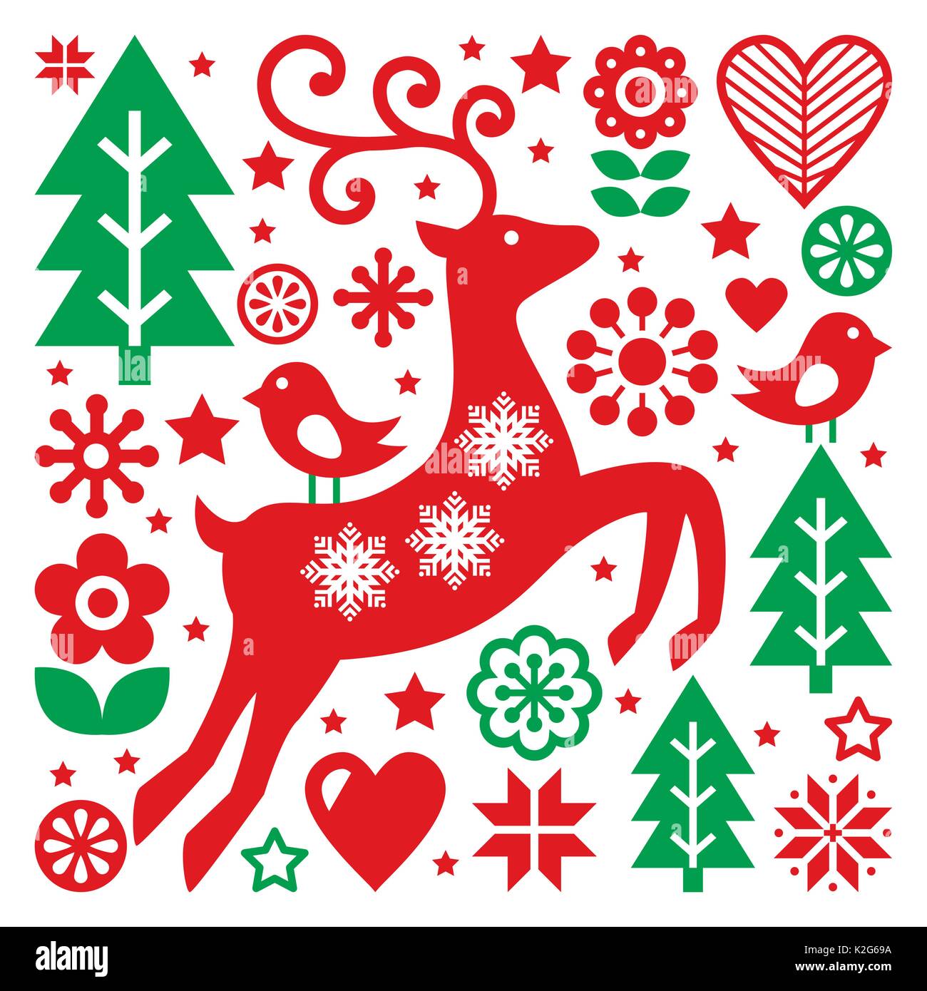 Weihnachten rote und grüne Muster, skandinavischen Volkskunst, Rentiere, Vögel und Blumen Dekoration oder glückwunschkarte Stock Vektor
