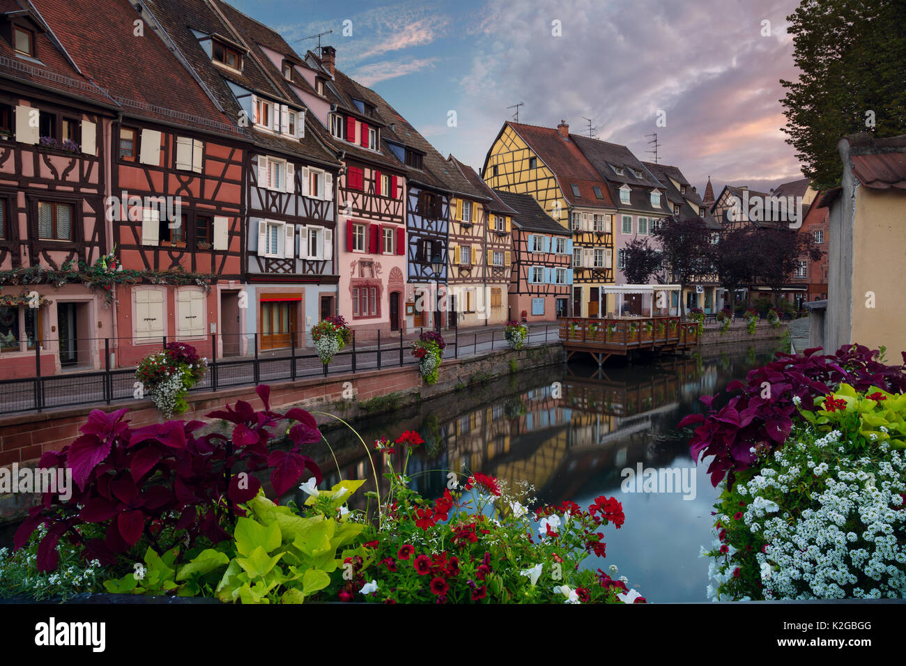 Stadt von Colmar. Stadtbild das Bild der Altstadt von Colmar, Frankreich während des Sonnenuntergangs. Stockfoto