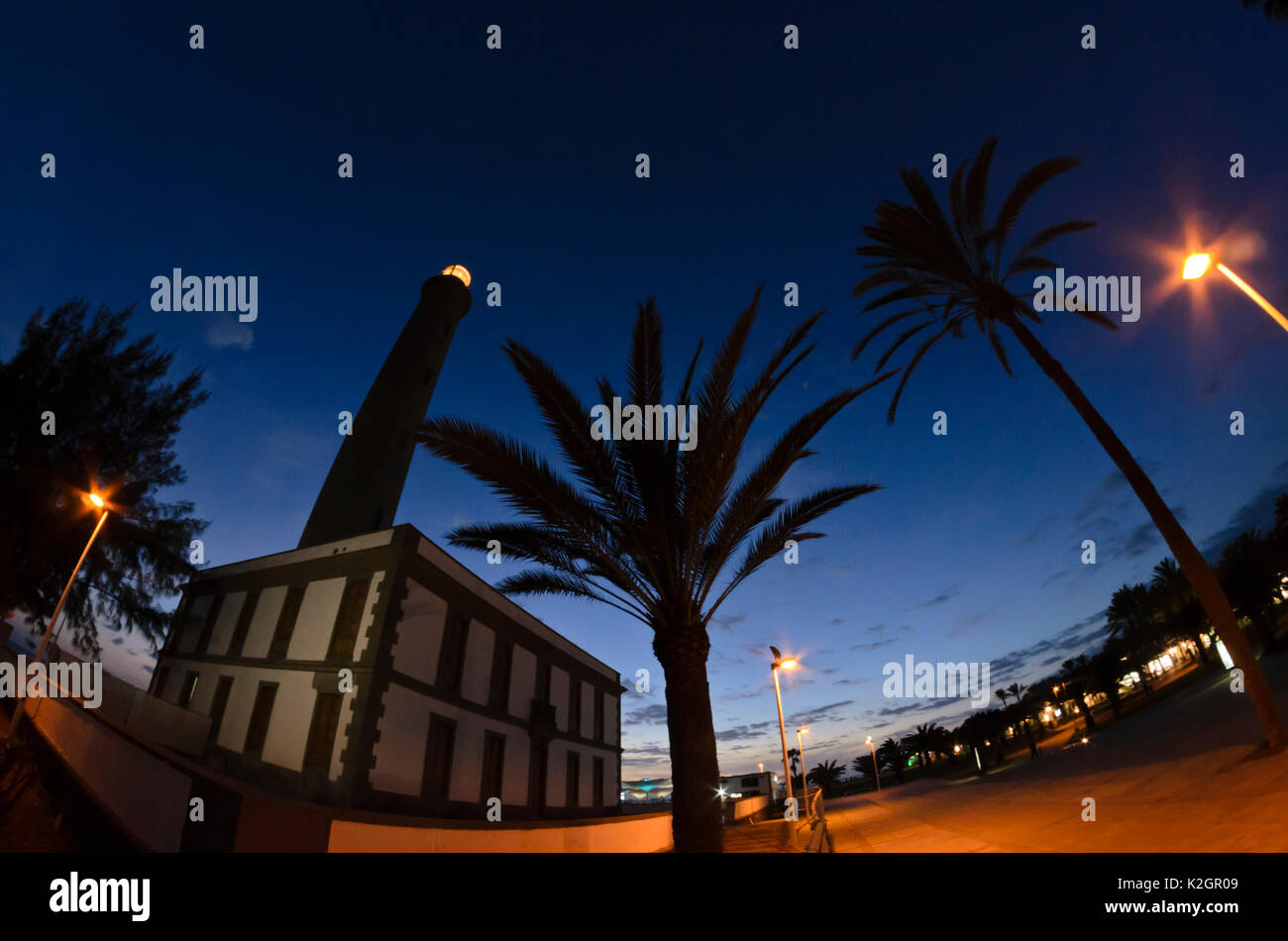 Leuchtturm bei Sonnenuntergang, Maspalomas, Gran Canaria, Spanien Stockfoto