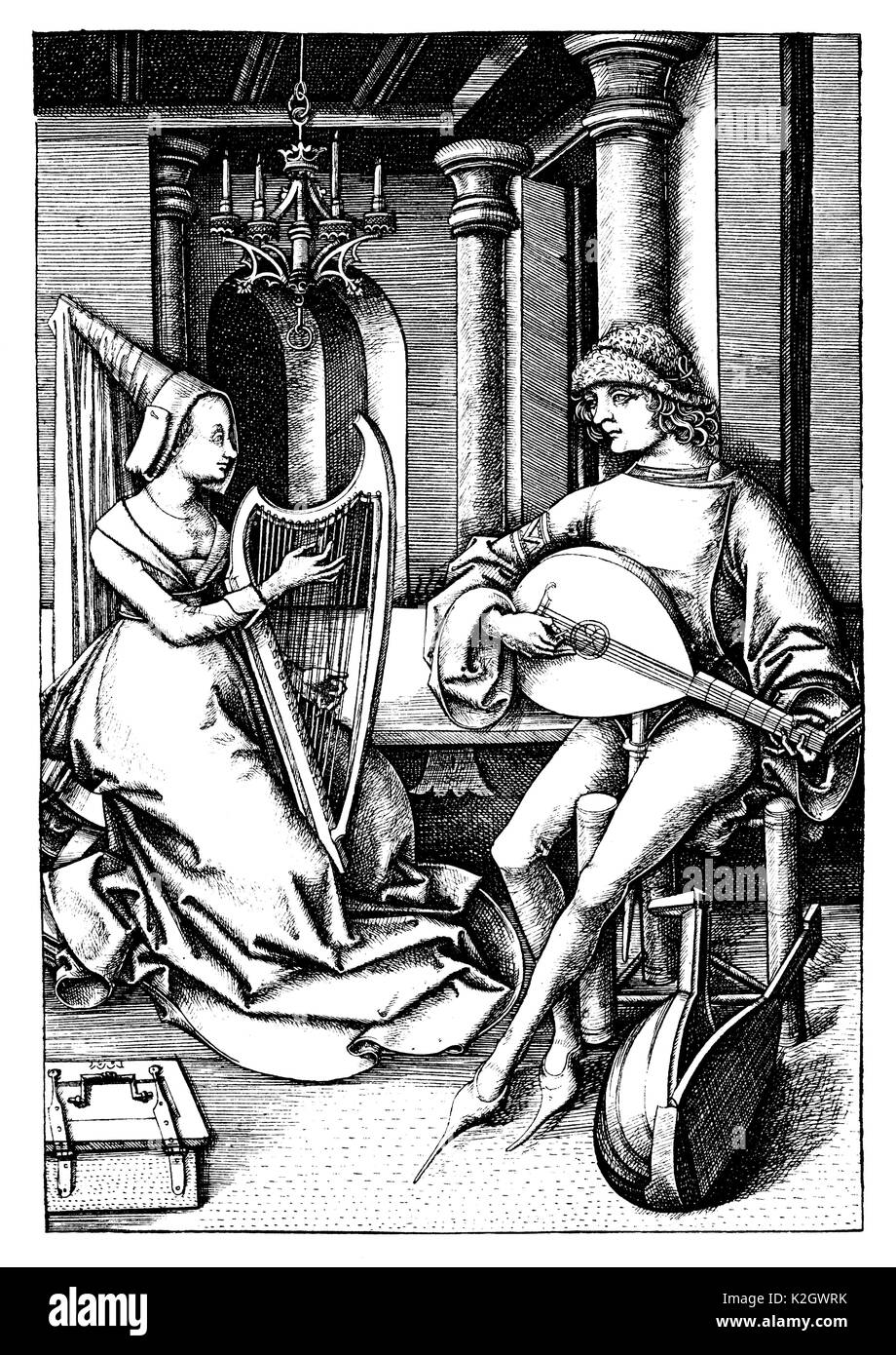 House Musik im 15. Jahrhundert mit Harfe und Laute. Kupferstich von Israhel van Meckenem Stockfoto
