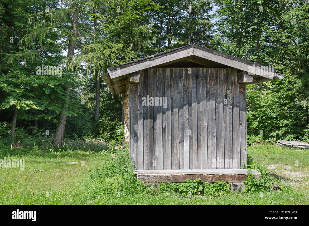 Verwitterte Holzhütte auf einer Wiese am Waldrand. Einfache überdachte Struktur verwendet gestapelten Brennholz zu lagern, um den Inhalt vor Feuchtigkeit zu schützen. Foto. Stockfoto