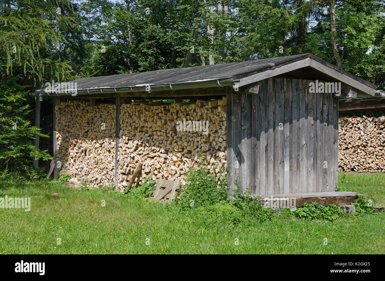 Verwitterte Holzhütte mit gestapelten Brennholz auf einer Wiese am Waldrand. Einfache überdachte Struktur, Brennholz verwendet, um den Inhalt vor Feuchtigkeit zu schützen. Stockfoto