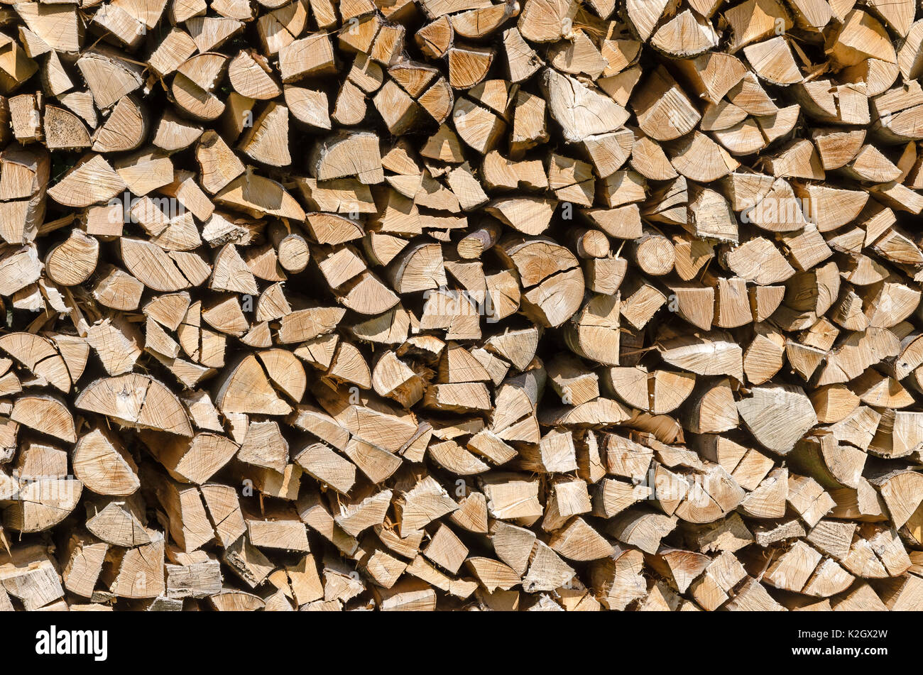 Aufgeteilte, getrocknet und gestapelten Brennholz, Vorderansicht. Stapel verwitterten, trockenes Holz, eine Quelle der Energie. Foto. Stockfoto