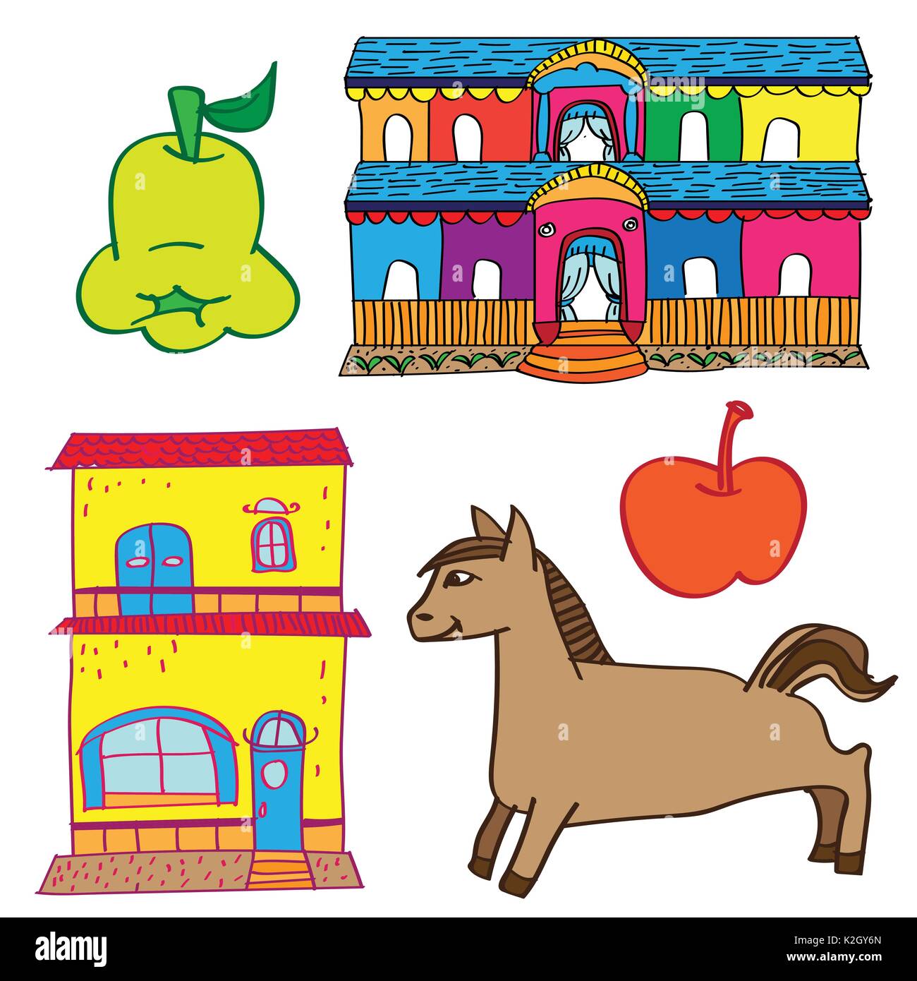 Der Bunte Kid Zeichnung Haus, Pferd, Obst. Doodle style-Vector Illustration Stock Vektor