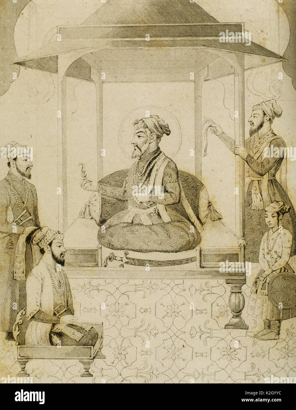 Shah Jahan I (1592-1666). Fünfte Mughal Emperador, der von 1628-1658 regierte. Er viele Denkmäler, die bekannteste davon in Betrieb genommen, das Taj Mahal in Agra, der seine Frau Mumtaz Mahal entombs. Sha Djahan geben einen Sitz zu Dara Shikoh (1615-1659), seinem ältesten Sohn. Indien. Kupferstich von Vernier. Lemaitre Direxit. "Panorama Universal, Indien, 1845. Stockfoto