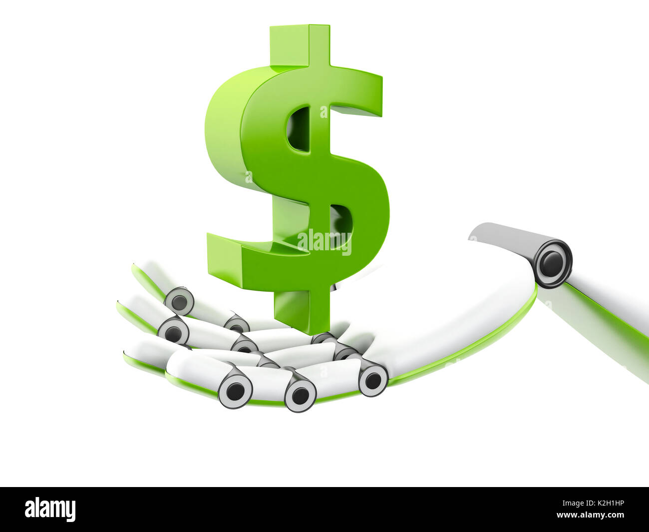 3D-Darstellung. Roboterhand mit '$'-Zeichen. Finanzen Konzept. Isoliert weißer Hintergrund Stockfoto