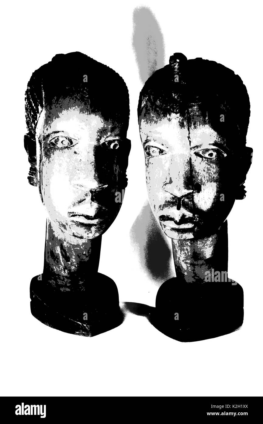 (46 Fotos) Afrikanisches holz skulptur der Frau / Mann Kopf. Originelle Skulptur. Hand geschnitzten braunes Holz tribal Büste. Auf weiß isoliert. Stockfoto