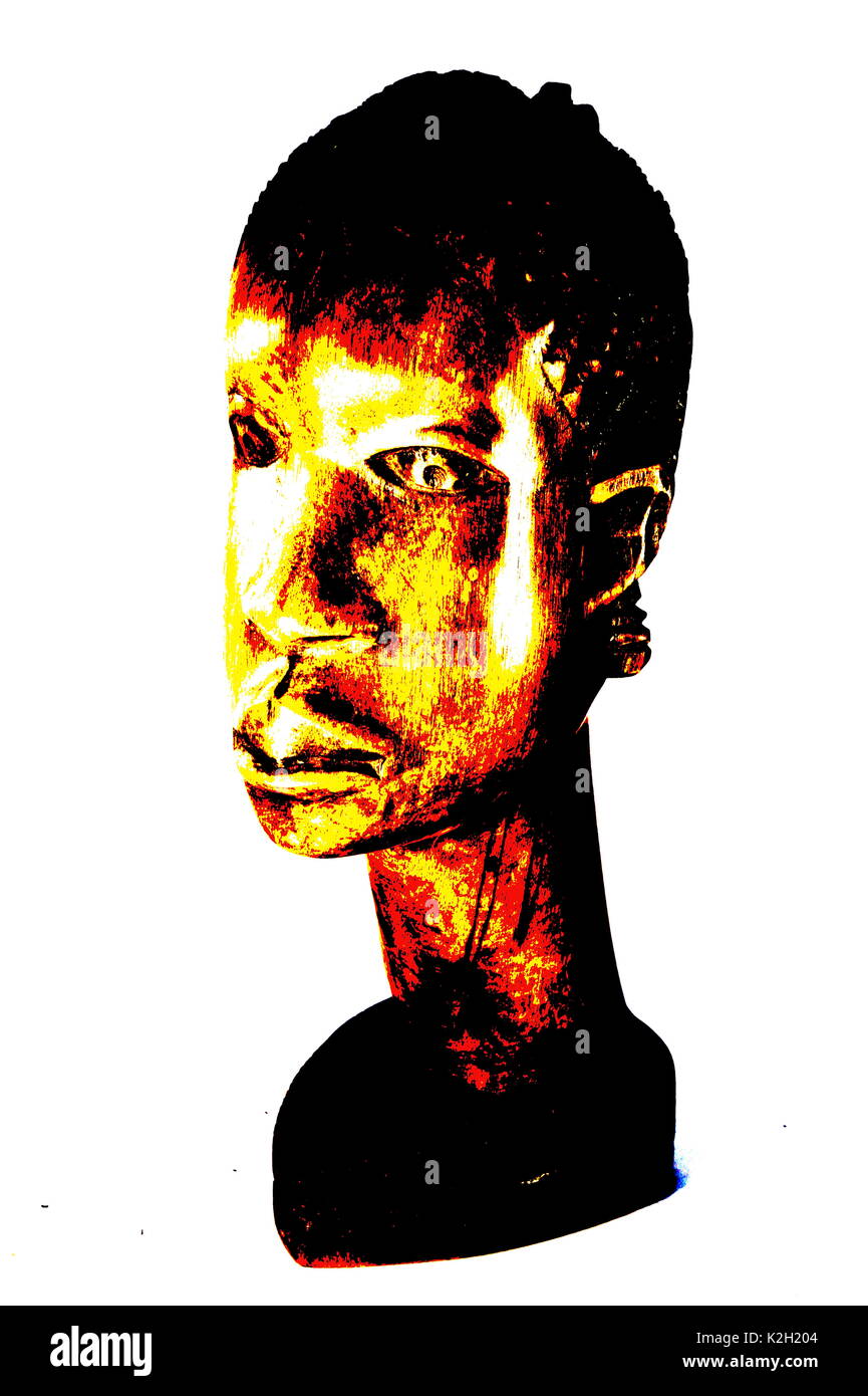 (46 Fotos) Afrikanisches holz skulptur der Frau / Mann Kopf. Originelle Skulptur. Hand geschnitzten braunes Holz tribal Büste. Auf weiß isoliert. Stockfoto