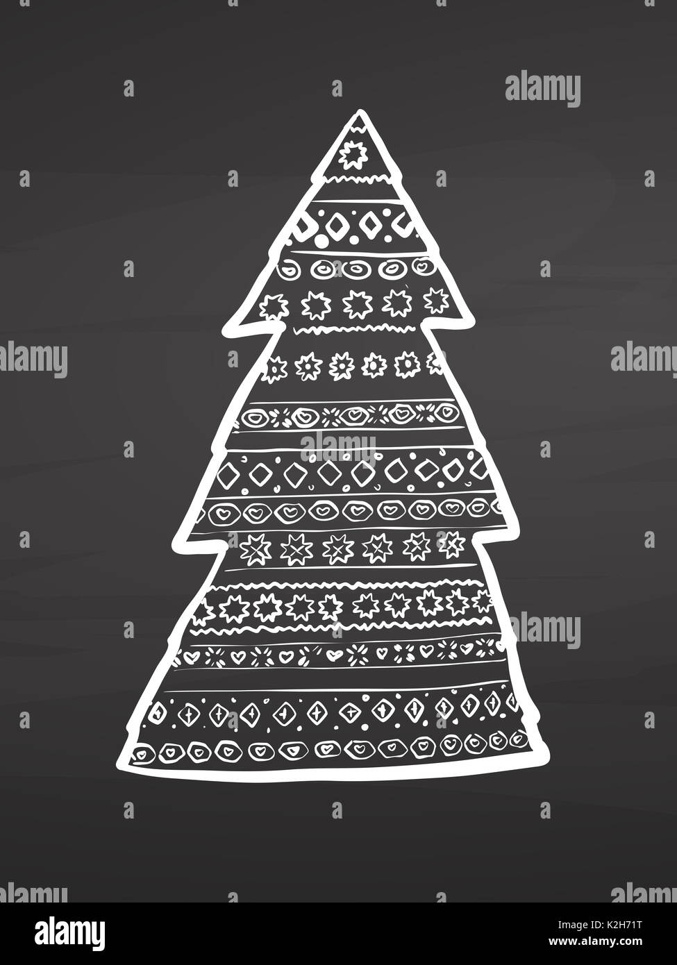 Weihnachtsbaum Muster am Schwarzen Brett, handdrawn Vektor Skizze, saubere Konturen, Vintage Style Tafel. Stockfoto