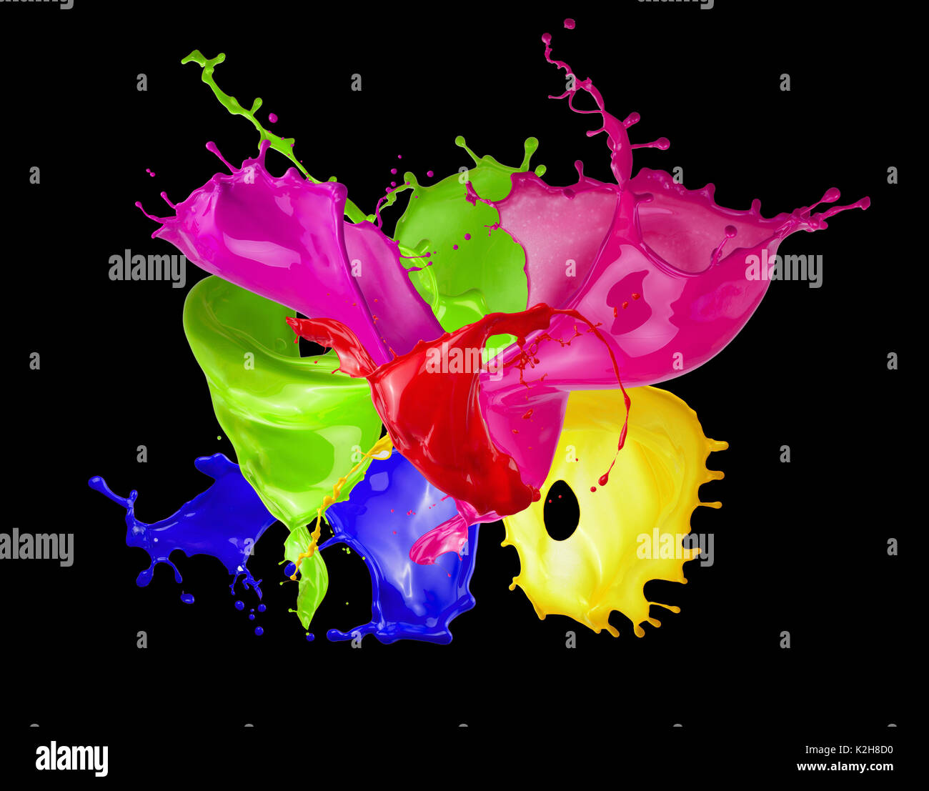 Farbspritzer auf schwarzem Hintergrund. Stockfoto