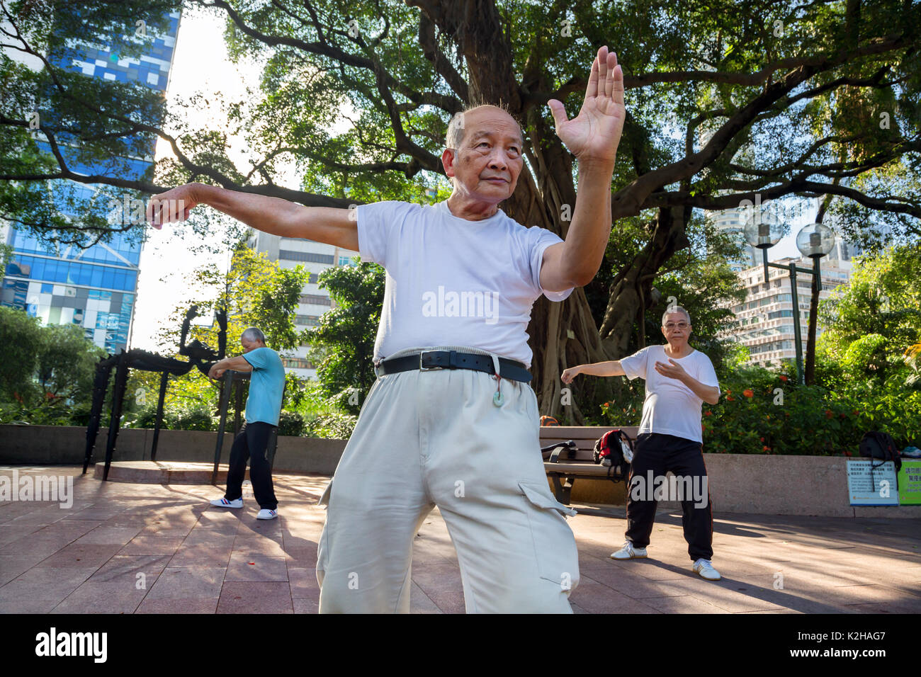 Gruppe Männer üben Morgen tai Chi Turnhalle in Kowloon Park in Hongkong Stockfoto