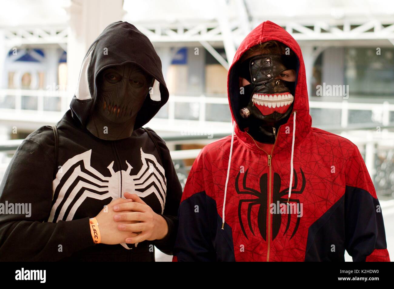 Venom und Spiderman, London Super Comic Convention 2017 Stockfoto