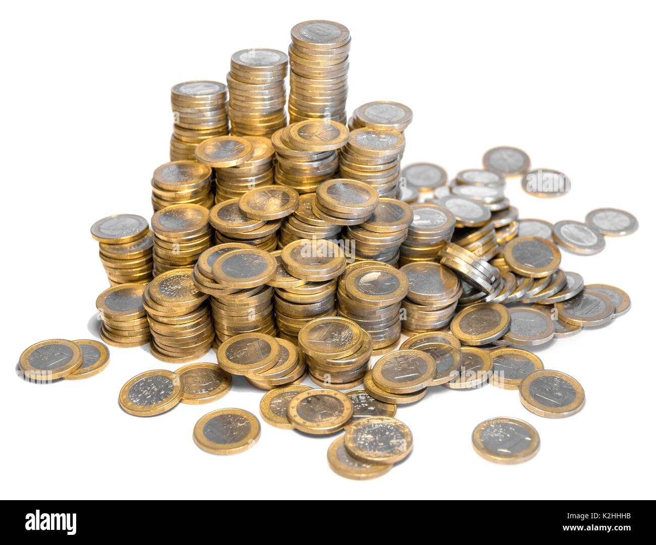 Lose gestapelten 1 Euro Münzen in Weiß zurück Stockfoto