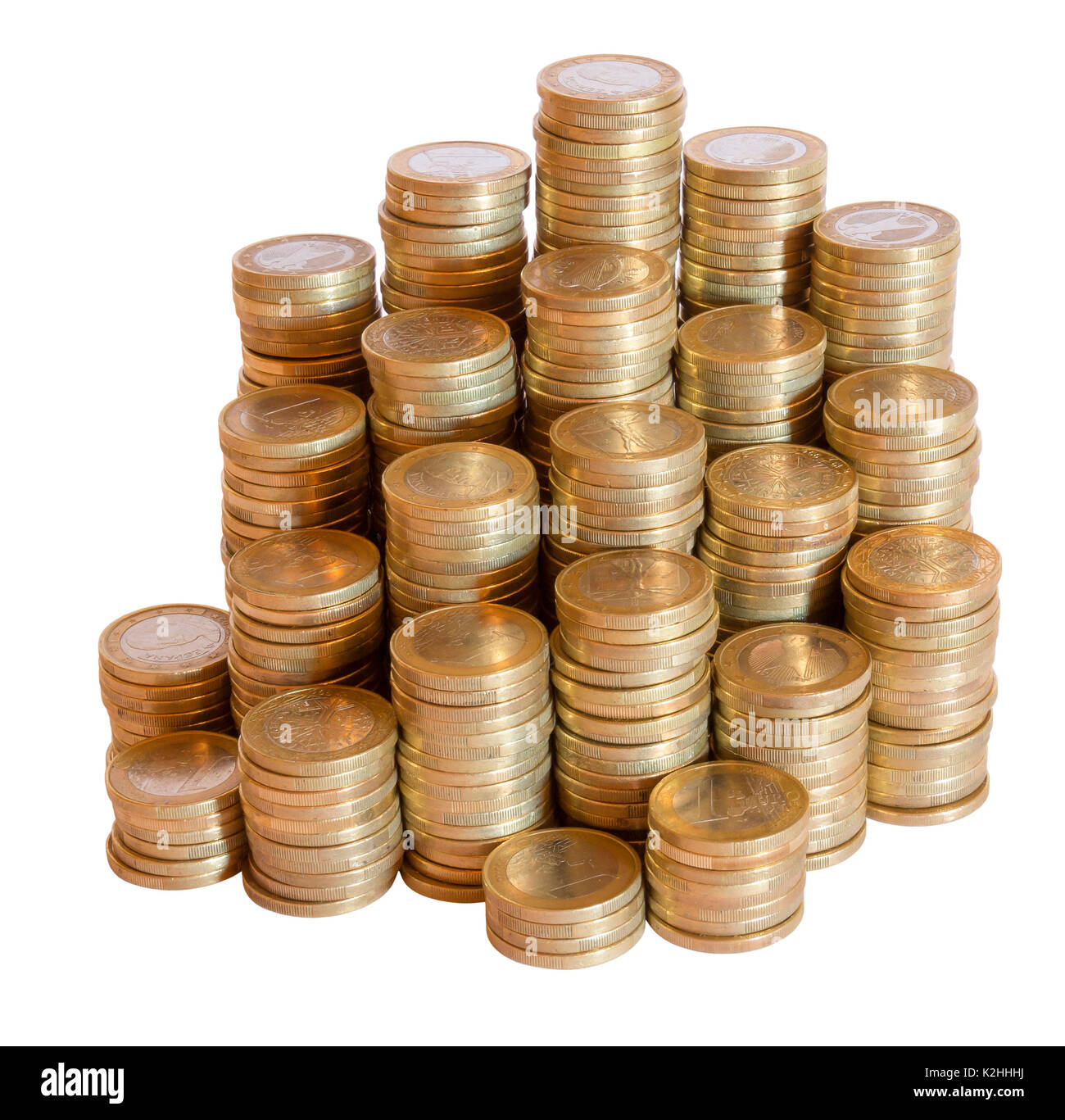 Lose gestapelten 1 Euro Münzen in Weiß zurück Stockfoto