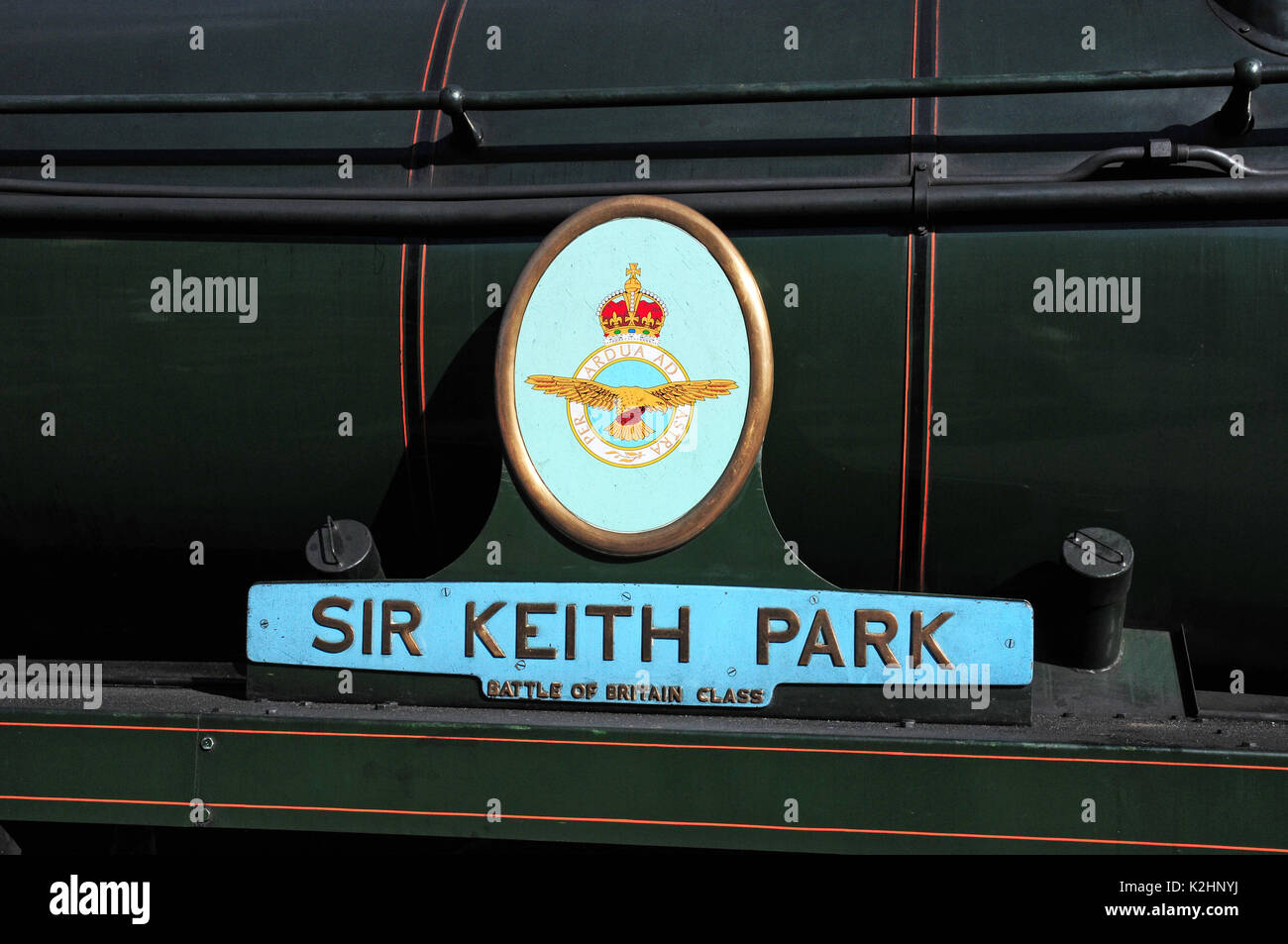 Abzeichen auf der Seite einer Schlacht von Großbritannien Klasse Lokomotive. Die Severn Valley Railway, Shropshire. Stockfoto