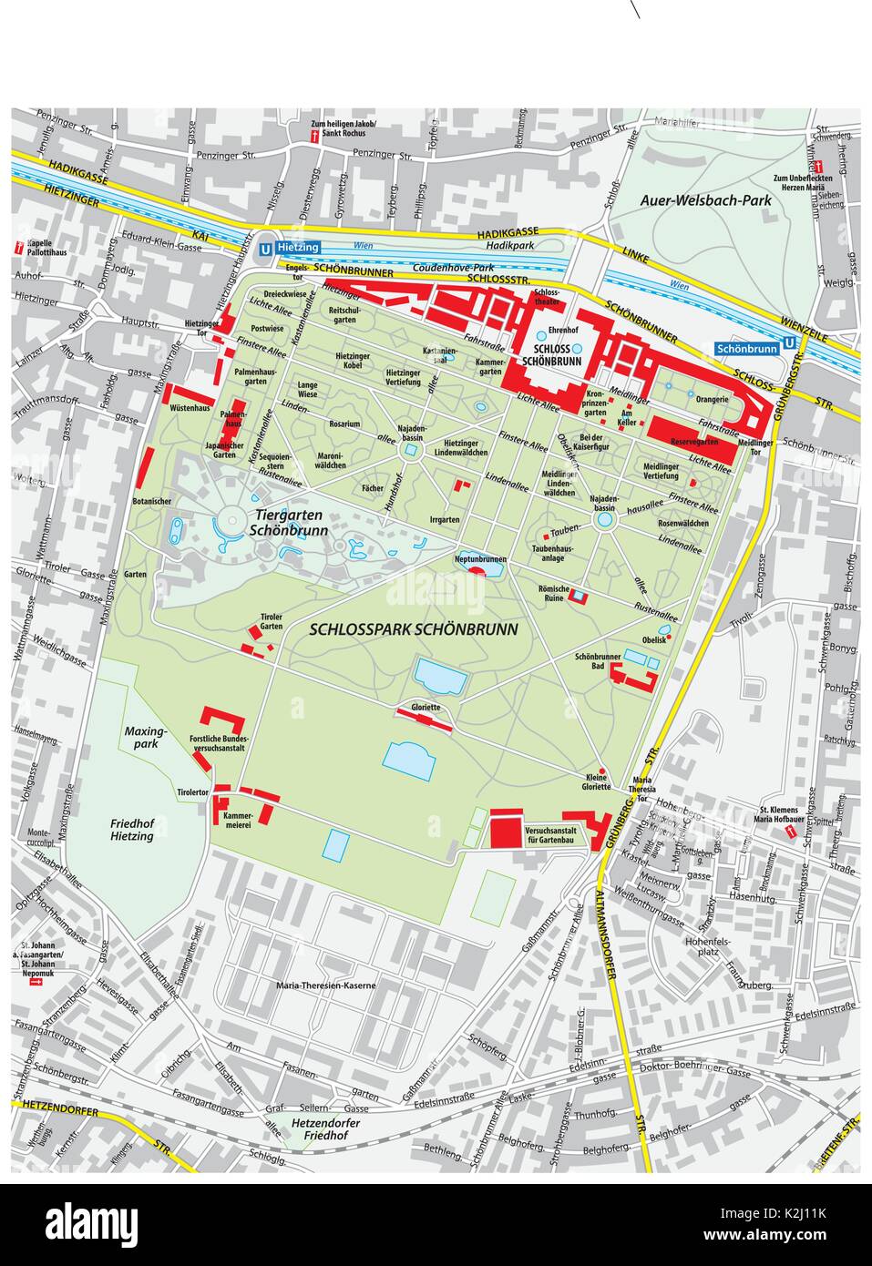 Karte von Schloss und Park Schönbrunn, Wien, Österreich Stock Vektor